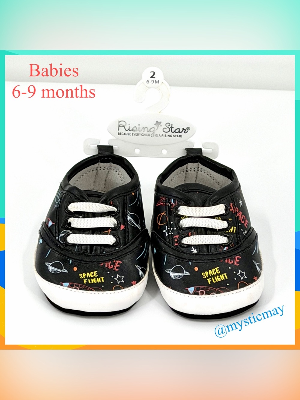 New RISING STAR Boys Girls Black Astronaut Space Theme Baby Shoes Size 6-9 Mos